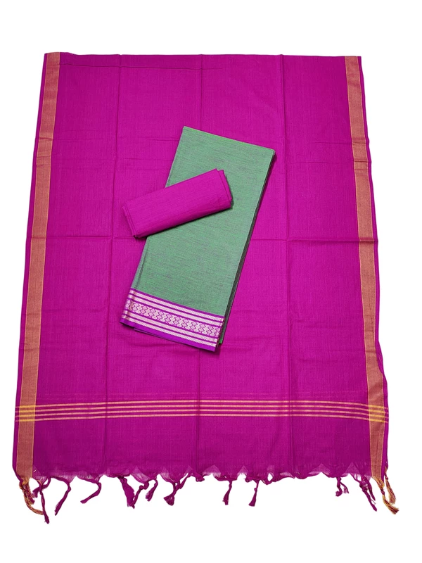 Green & Pink Handloom Cotton Zari Border Unstitched Salwar Suit for Women
