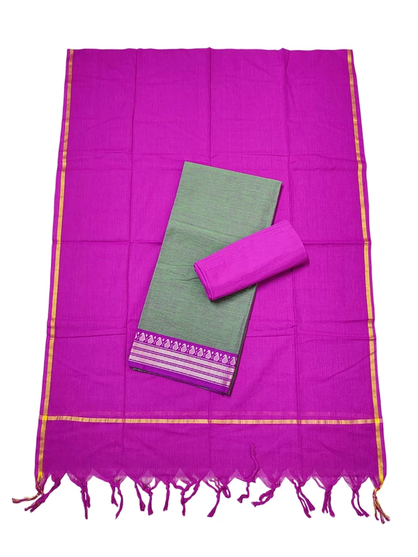Olive Green & Pink Handloom Cotton Zari Border Unstitched Salwar Suit for Women