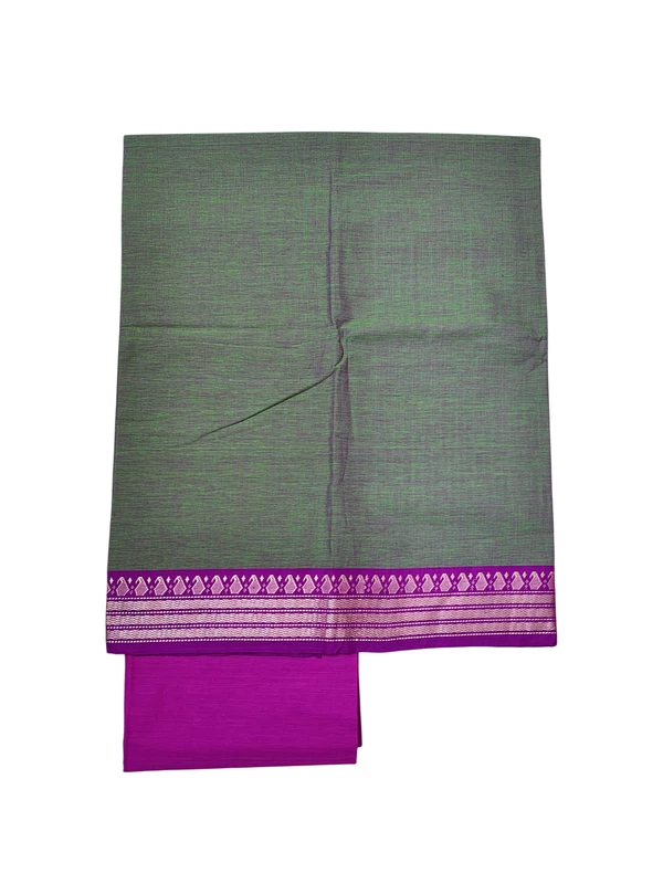 Olive Green & Pink Handloom Cotton Zari Border Unstitched Salwar Suit for Women