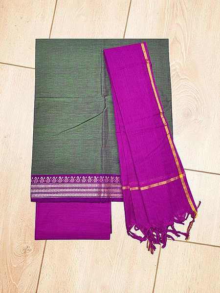 Olive Green & Pink Handloom Cotton Zari Border Unstitched Salwar Suit for Women
