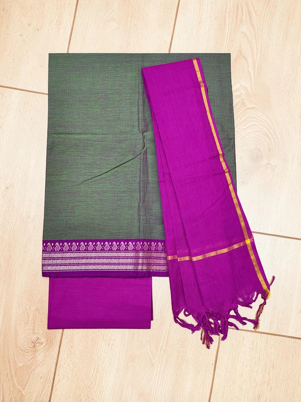 Olive Green & Pink Handloom Cotton Zari Border Unstitched Salwar Suit for Women