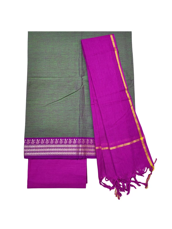 Olive Green & Pink Handloom Cotton Zari Border Unstitched Salwar Suit for Women