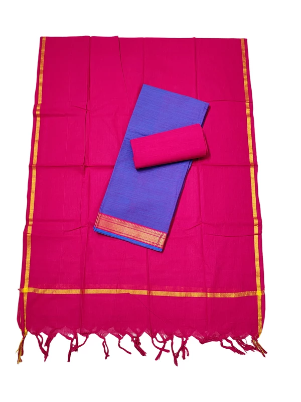 Violet & Pink Handloom Cotton Zari Border Unstitched Salwar Suit for Women