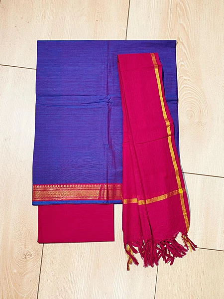 Violet & Pink Handloom Cotton Zari Border Unstitched Salwar Suit for Women