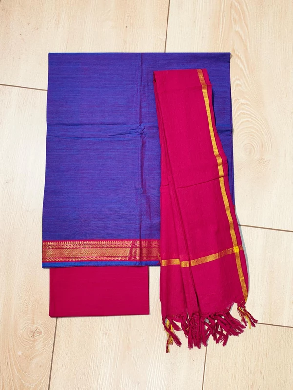 Violet & Pink Handloom Cotton Zari Border Unstitched Salwar Suit for Women