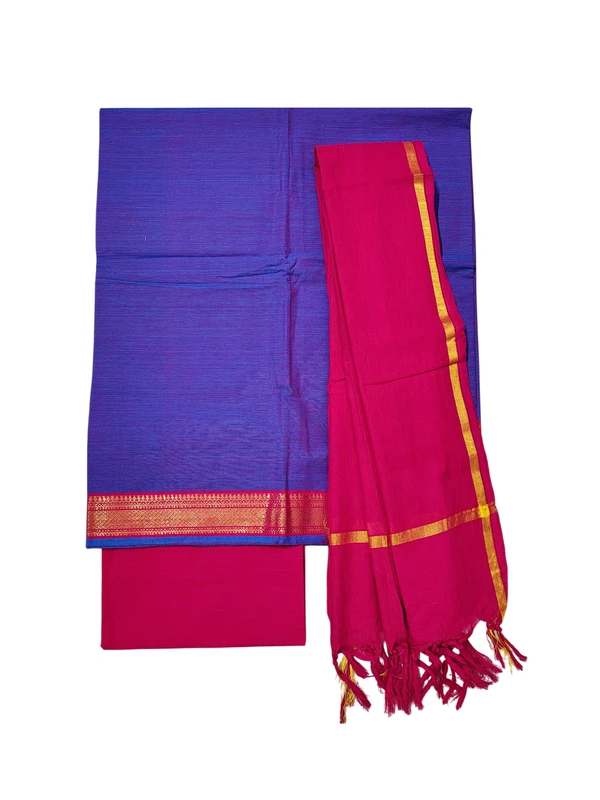 Violet & Pink Handloom Cotton Zari Border Unstitched Salwar Suit for Women