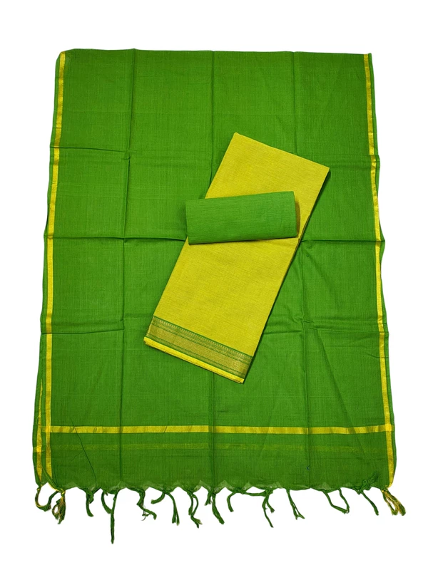 Olive Green Handloom Cotton Zari Border Unstitched Salwar Suit for Women