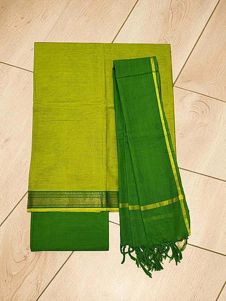 Olive Green Handloom Cotton Zari Border Unstitched Salwar Suit for Women