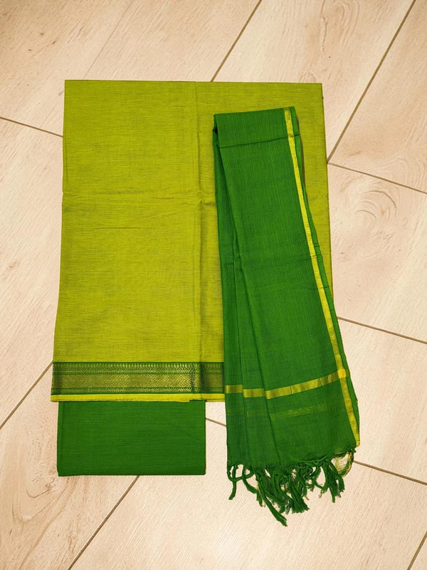 Olive Green Handloom Cotton Zari Border Unstitched Salwar Suit for Women