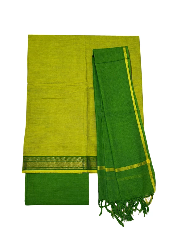 Olive Green Handloom Cotton Zari Border Unstitched Salwar Suit for Women