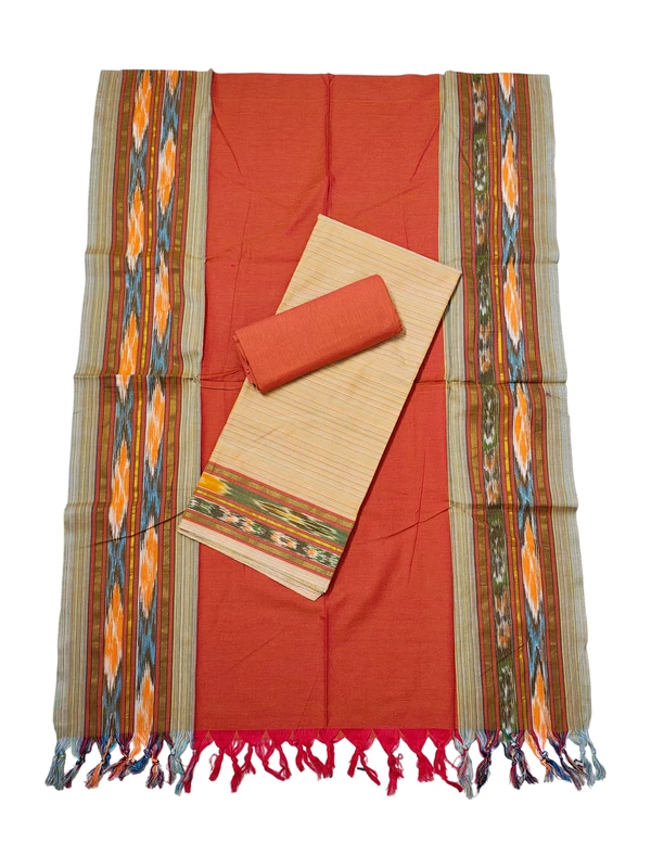 Beige & Orange Mangalagiri Cotton Unstitched Salwar Suit for Women
