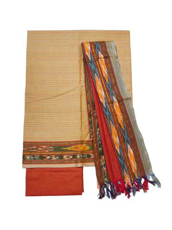Beige & Orange Mangalagiri Cotton Unstitched Salwar Suit for Women