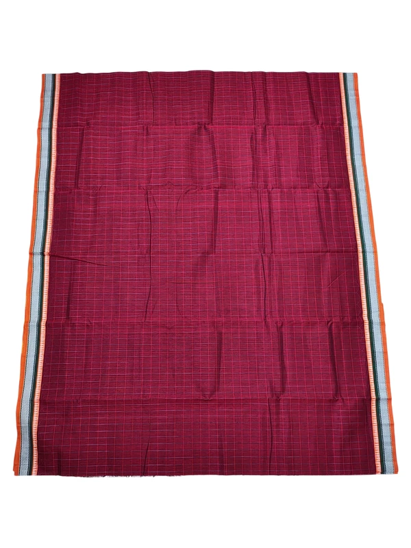 Maroon Handloom Cotton Checkered Saree without Blouse Piece