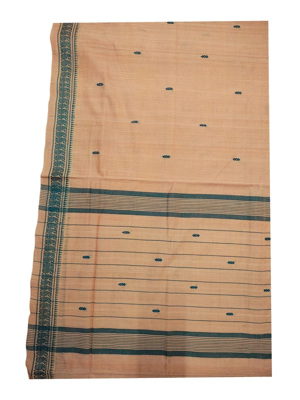 Rust & Green Handloom Cotton Booti Suti Saree without Blouse Piece