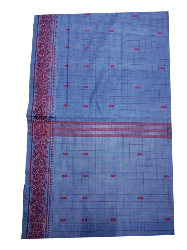 Indigo Handloom Cotton Booti Checkered Saree without Blouse Piece