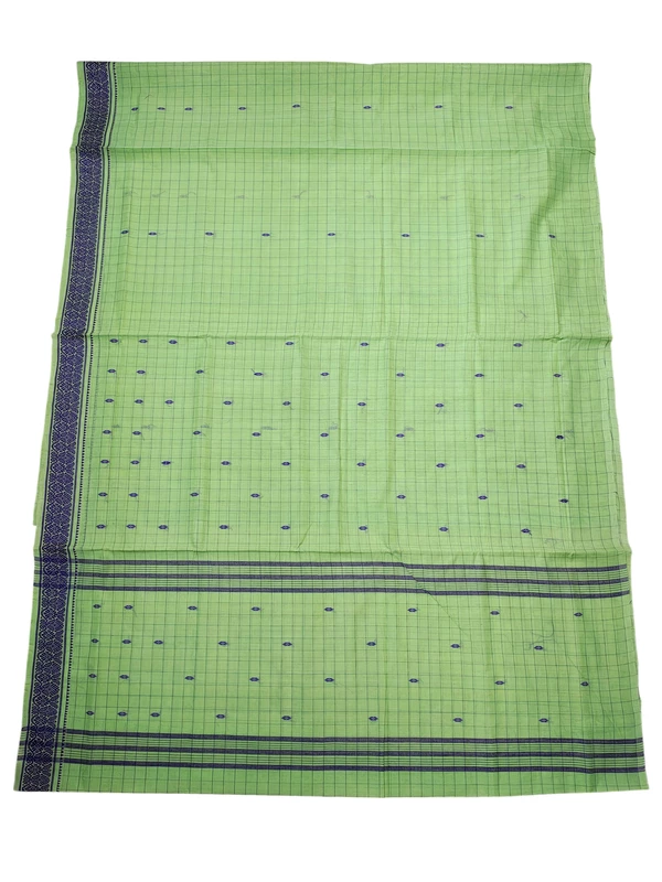 Green Handloom Cotton Booti Checkered Saree without Blouse Piece