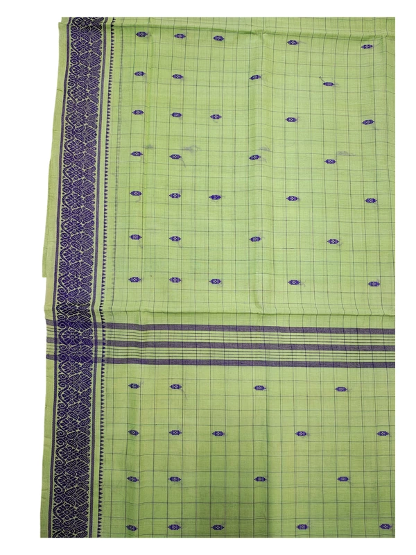 Green Handloom Cotton Booti Checkered Saree without Blouse Piece