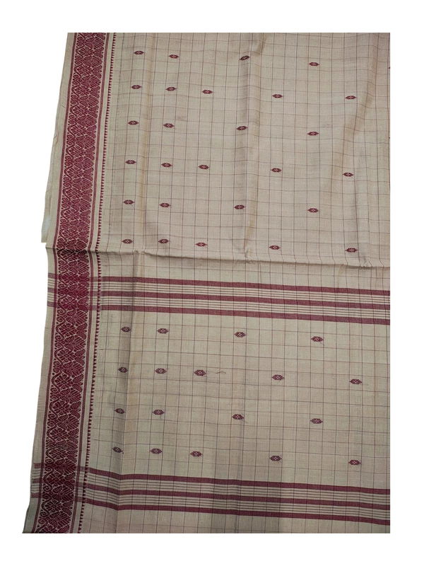 Ivory & Maroon Narayanpet Handloom Cotton Saree without Blouse Piece
