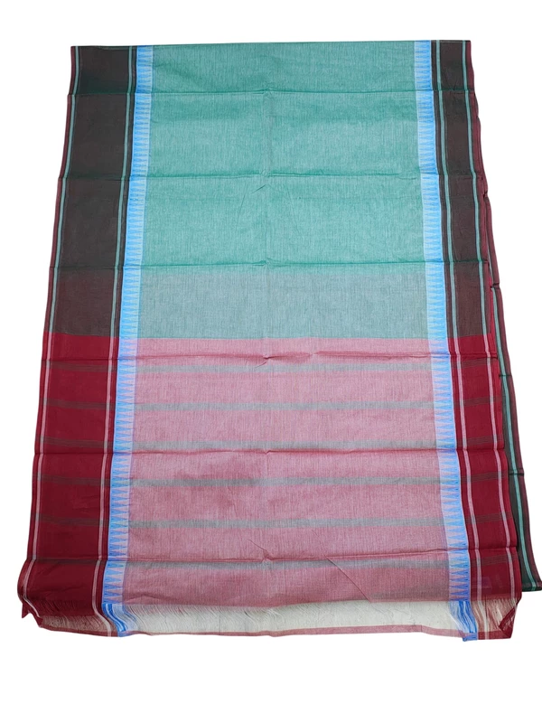 Teal Green & Pink Mangalagiri Temple Border Cotton Saree with Blouse Piece