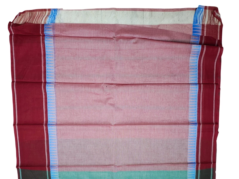 Teal Green & Pink Mangalagiri Temple Border Cotton Saree with Blouse Piece