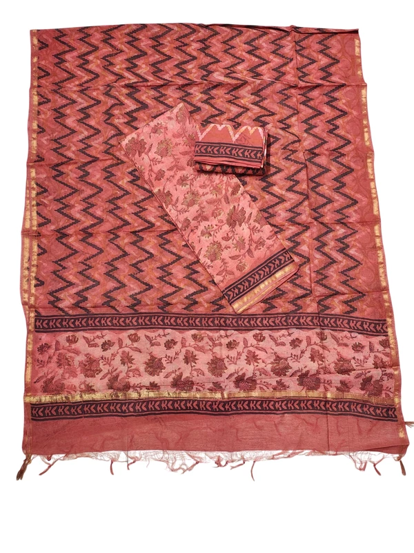 Rust Chanderi Silk Vanaspati Print Unstitched Suit Set