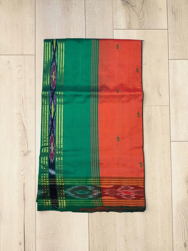 Orange & Green Pochampally Ikkat Silk Saree with Unstitched Blouse