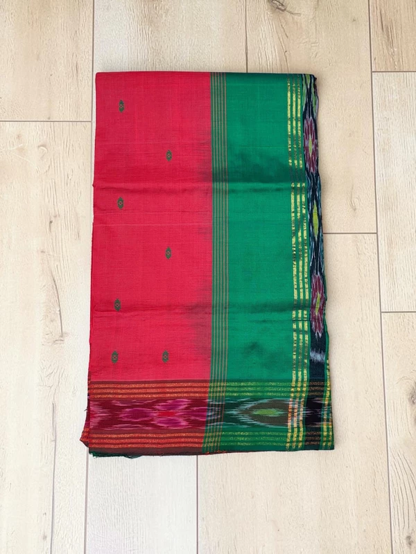 Red & Green Pochampally Ikkat Silk Saree with Unstitched Blouse