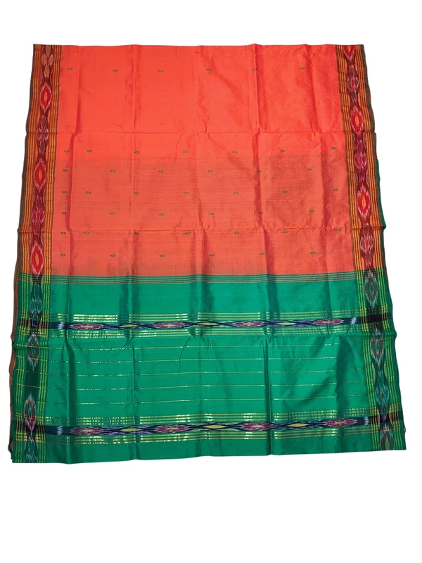 Orange & Green Pochampally Ikkat Silk Saree with Unstitched Blouse