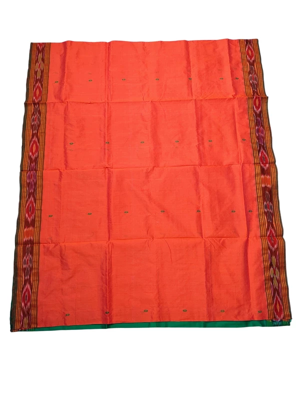 Orange & Green Pochampally Ikkat Silk Saree with Unstitched Blouse