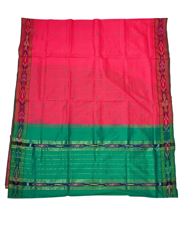 Red & Green Pochampally Ikkat Silk Saree with Unstitched Blouse