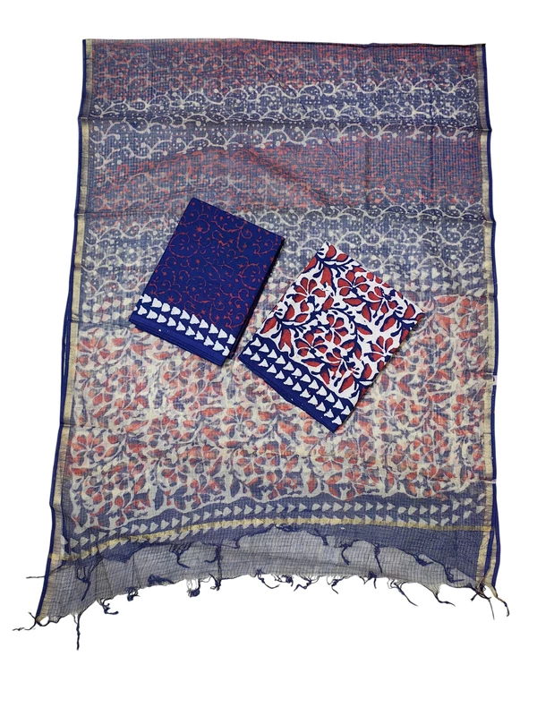 Indigo & Maroon Dabu Kota Doria Dress Materials