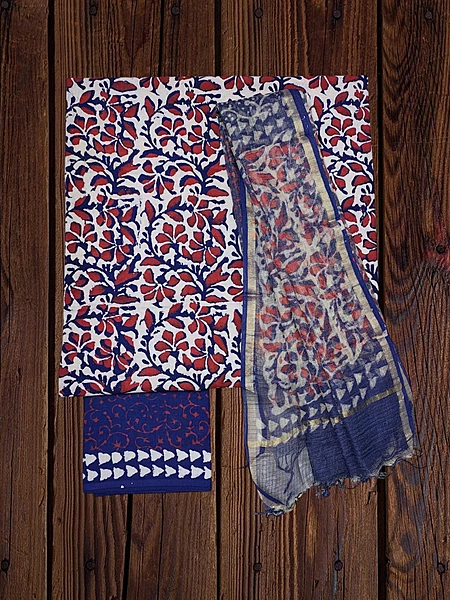 Indigo & Maroon Dabu Kota Doria Dress Materials
