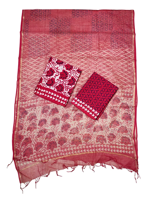 Red Dabu Pure Cotton Kota Doria Dress Materials