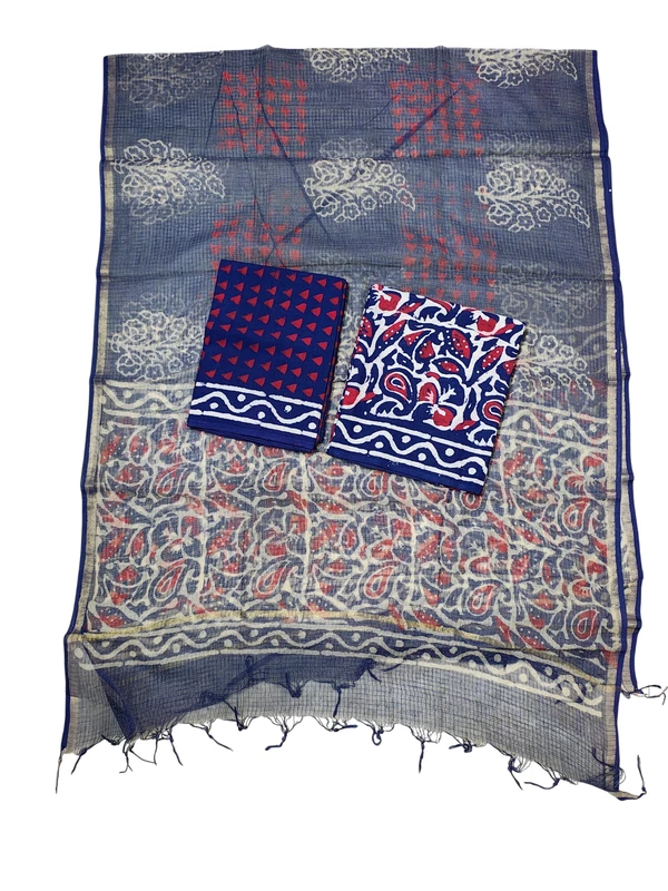 Blue & Red Dabu Pure Cotton Kota Doria Dress Materials
