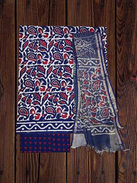 Blue & Red Dabu Pure Cotton Kota Doria Dress Materials