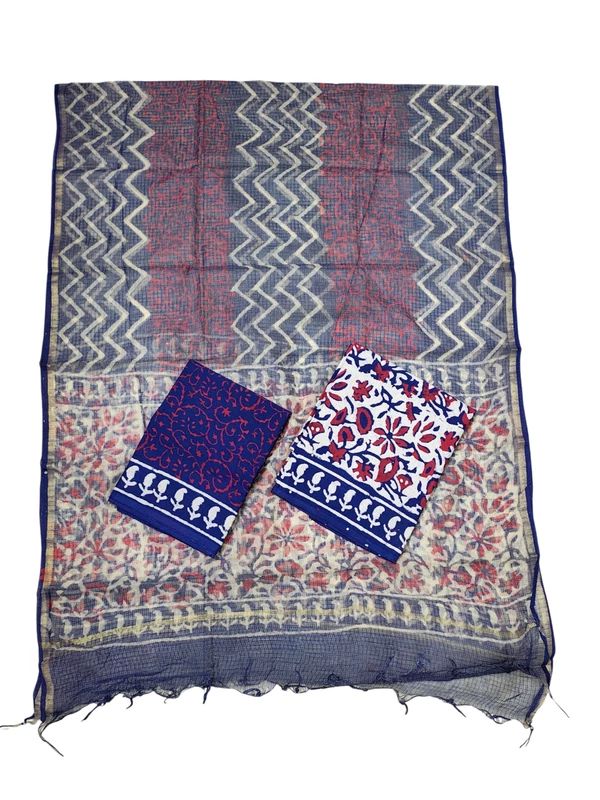 Indigo & Red Dabu Kota Doria Dress Materials