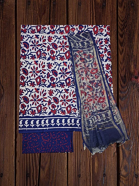 Indigo & Red Dabu Kota Doria Dress Materials