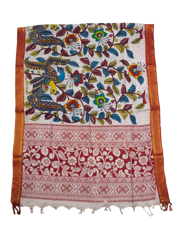 Red & Teal Kalamkari Nizam Border Nellore Silk Dupatta