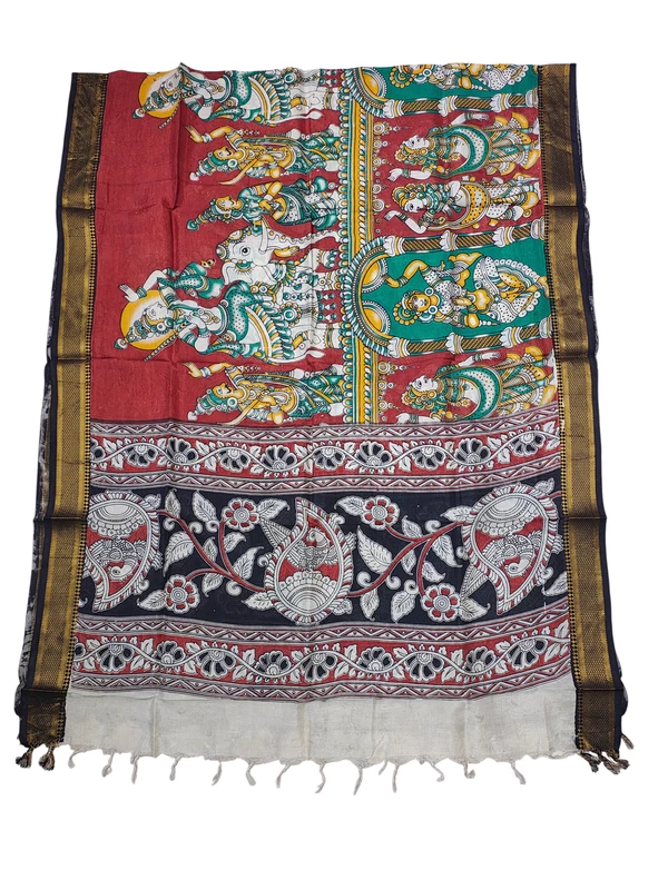 Red & Green Kalamkari Nizam Border Nellore Silk Dupatta