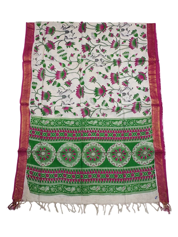 Green & Pink Kalamkari Nizam Border Nellore Silk Dupatta