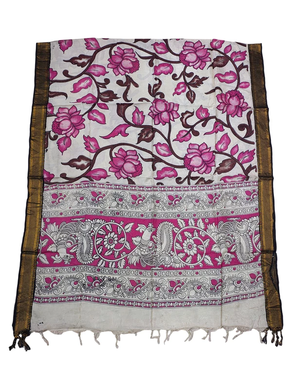 Dark Pink Kalamkari Nizam Border Nellore Silk Dupatta