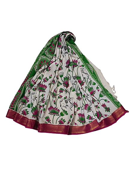 Green & Pink Kalamkari Nizam Border Nellore Silk Dupatta