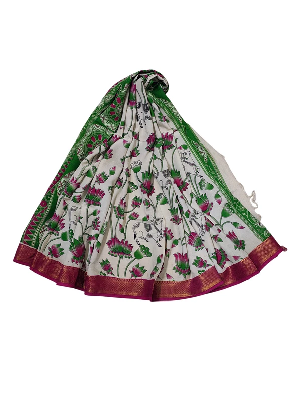 Green & Pink Kalamkari Nizam Border Nellore Silk Dupatta