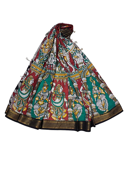 Red & Green Kalamkari Nizam Border Nellore Silk Dupatta
