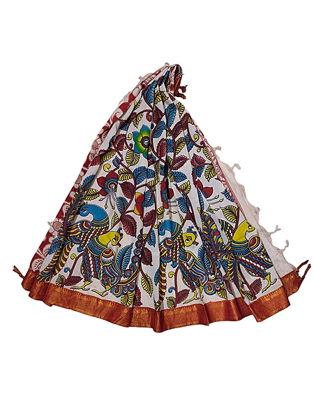 Red & Teal Kalamkari Nizam Border Nellore Silk Dupatta
