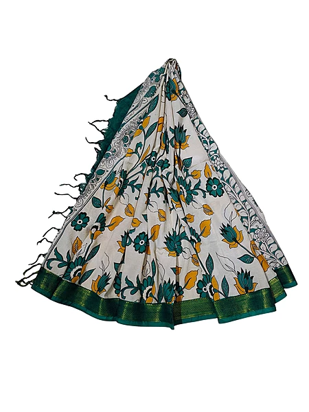 Green & Mustard Kalamkari Nizam Border Nellore Silk Dupatta