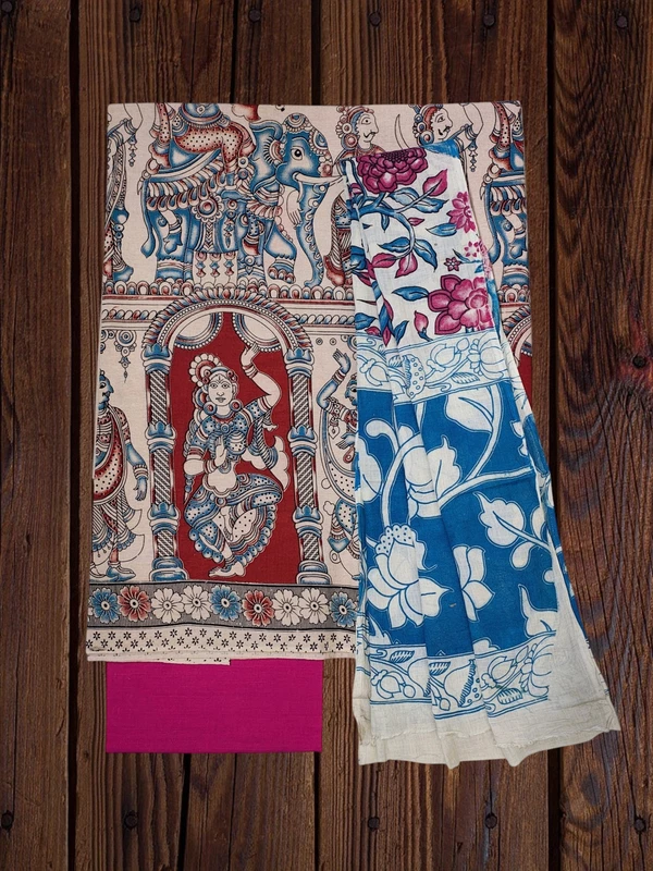 Blue & Red Kalamkari Pure Cotton Dress Materials
