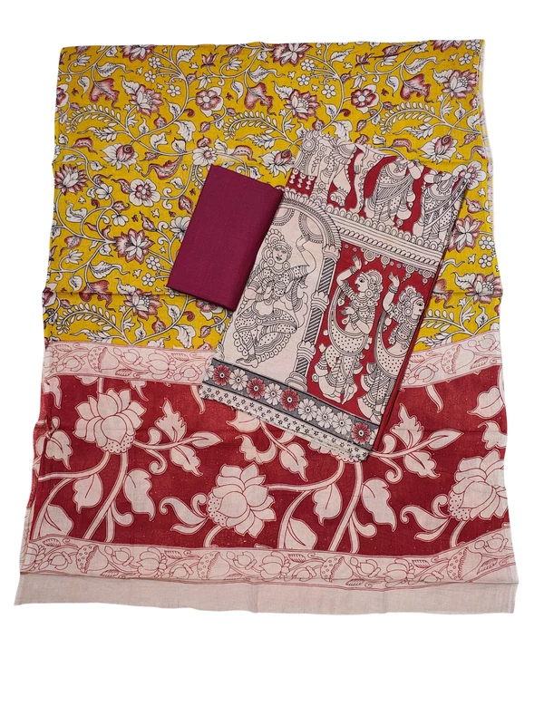 Red & Yellow Kalamkari Pure Cotton Dress Materials