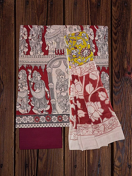 Red & Yellow Kalamkari Pure Cotton Dress Materials