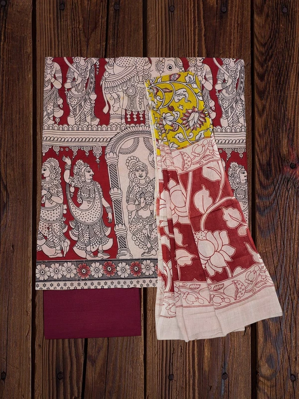 Red & Yellow Kalamkari Pure Cotton Dress Materials